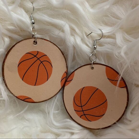 Handmade Basketball Wood Earrings - Picture 1 of 3